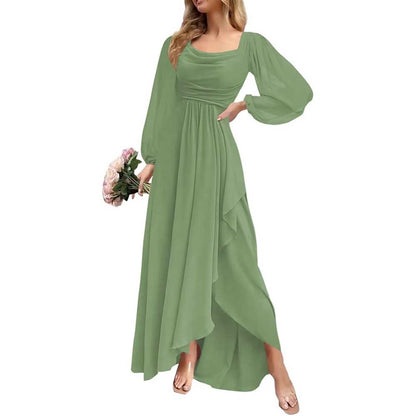 Chiffon Cowl Neck Wedding Guest Dress A Line Long Sleeve Bridesmaid Dress