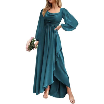 Chiffon Cowl Neck Wedding Guest Dress A Line Long Sleeve Bridesmaid Dress