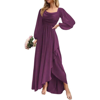 Chiffon Cowl Neck Wedding Guest Dress A Line Long Sleeve Bridesmaid Dress
