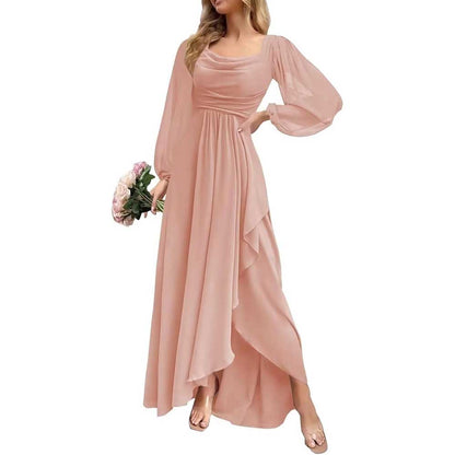 Chiffon Cowl Neck Wedding Guest Dress A Line Long Sleeve Bridesmaid Dress