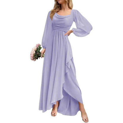Chiffon Cowl Neck Wedding Guest Dress A Line Long Sleeve Bridesmaid Dress