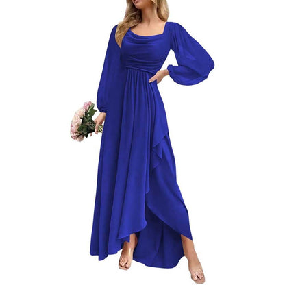 Chiffon Cowl Neck Wedding Guest Dress A Line Long Sleeve Bridesmaid Dress