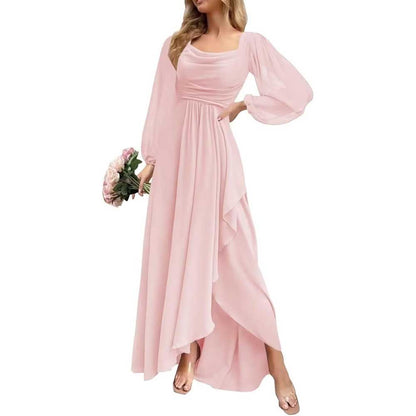 Chiffon Cowl Neck Wedding Guest Dress A Line Long Sleeve Bridesmaid Dress
