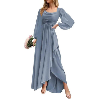 Chiffon Cowl Neck Wedding Guest Dress A Line Long Sleeve Bridesmaid Dress