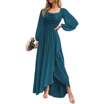 Chiffon Cowl Neck Wedding Guest Dress A Line Long Sleeve Bridesmaid Dress