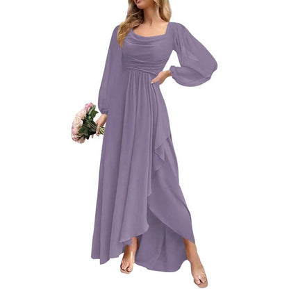 Chiffon Cowl Neck Wedding Guest Dress A Line Long Sleeve Bridesmaid Dress
