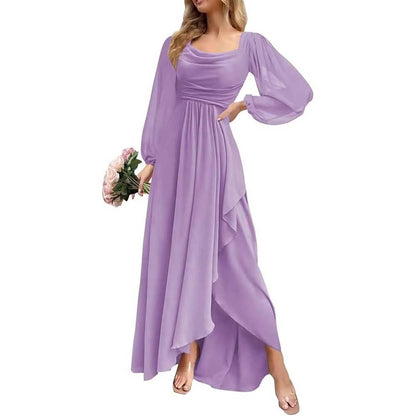 Chiffon Cowl Neck Wedding Guest Dress A Line Long Sleeve Bridesmaid Dress