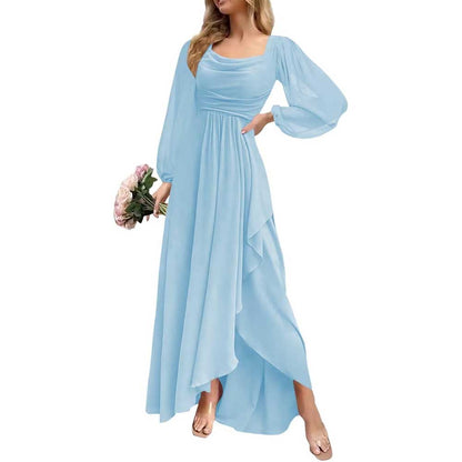 Chiffon Cowl Neck Wedding Guest Dress A Line Long Sleeve Bridesmaid Dress