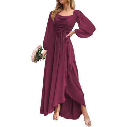 Chiffon Cowl Neck Wedding Guest Dress A Line Long Sleeve Bridesmaid Dress