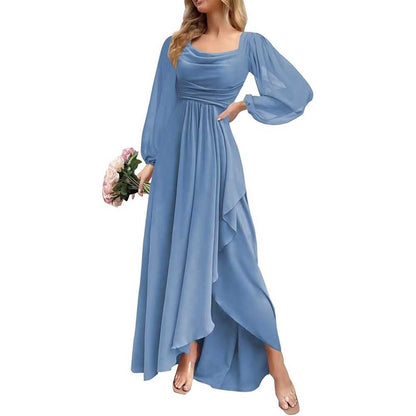 Chiffon Cowl Neck Wedding Guest Dress A Line Long Sleeve Bridesmaid Dress