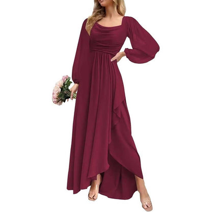 Chiffon Cowl Neck Wedding Guest Dress A Line Long Sleeve Bridesmaid Dress