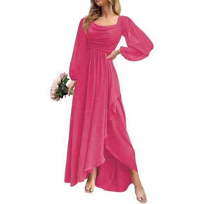 Chiffon Cowl Neck Wedding Guest Dress A Line Long Sleeve Bridesmaid Dress