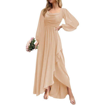 Chiffon Cowl Neck Wedding Guest Dress A Line Long Sleeve Bridesmaid Dress