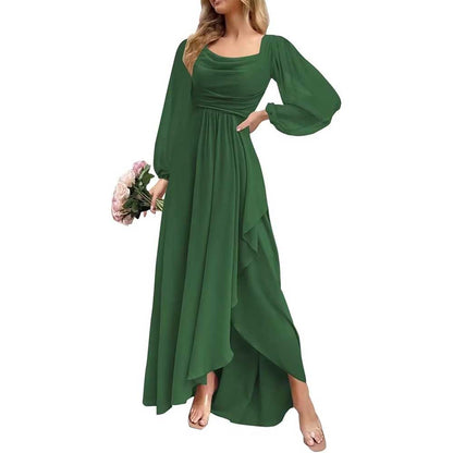 Chiffon Cowl Neck Wedding Guest Dress A Line Long Sleeve Bridesmaid Dress