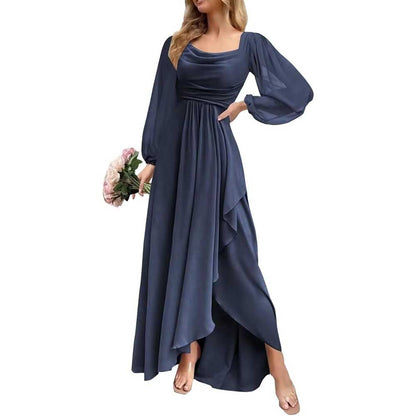 Chiffon Cowl Neck Wedding Guest Dress A Line Long Sleeve Bridesmaid Dress