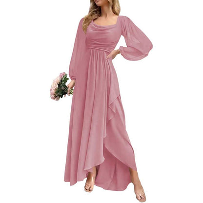 Chiffon Cowl Neck Wedding Guest Dress A Line Long Sleeve Bridesmaid Dress