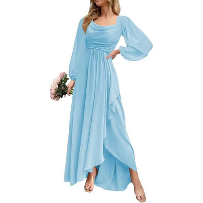 Chiffon Cowl Neck Wedding Guest Dress A Line Long Sleeve Bridesmaid Dress