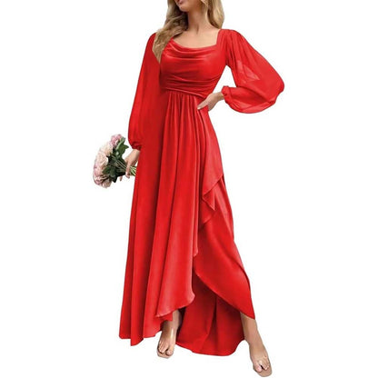 Chiffon Cowl Neck Wedding Guest Dress A Line Long Sleeve Bridesmaid Dress