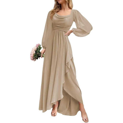 Chiffon Cowl Neck Wedding Guest Dress A Line Long Sleeve Bridesmaid Dress