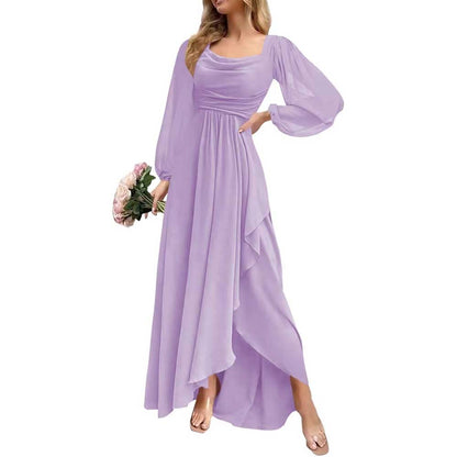 Chiffon Cowl Neck Wedding Guest Dress A Line Long Sleeve Bridesmaid Dress