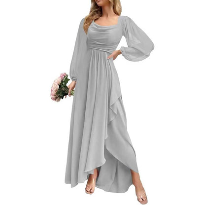Chiffon Cowl Neck Wedding Guest Dress A Line Long Sleeve Bridesmaid Dress