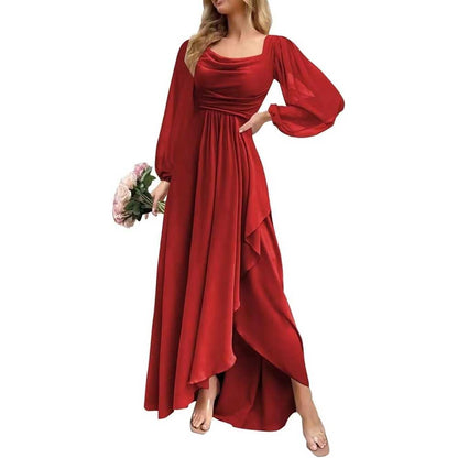 Chiffon Cowl Neck Wedding Guest Dress A Line Long Sleeve Bridesmaid Dress