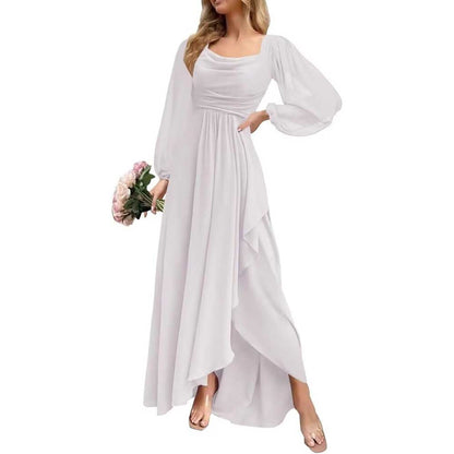 Chiffon Cowl Neck Wedding Guest Dress A Line Long Sleeve Bridesmaid Dress