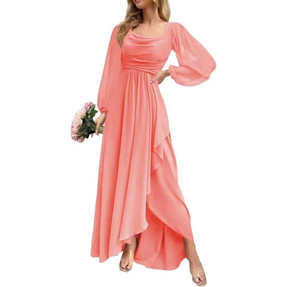 Chiffon Cowl Neck Wedding Guest Dress A Line Long Sleeve Bridesmaid Dress