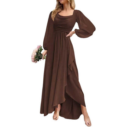Chiffon Cowl Neck Wedding Guest Dress A Line Long Sleeve Bridesmaid Dress