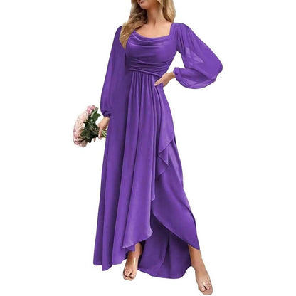 Chiffon Cowl Neck Wedding Guest Dress A Line Long Sleeve Bridesmaid Dress