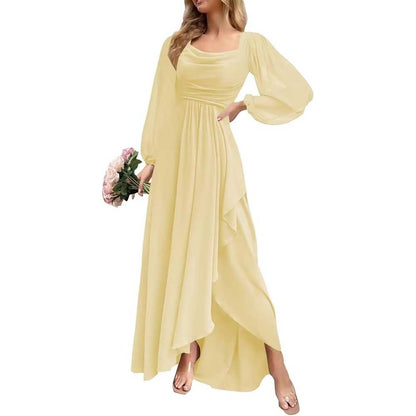 Chiffon Cowl Neck Wedding Guest Dress A Line Long Sleeve Bridesmaid Dress