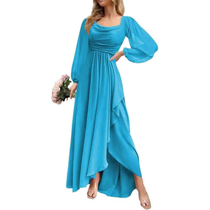 Chiffon Cowl Neck Wedding Guest Dress A Line Long Sleeve Bridesmaid Dress