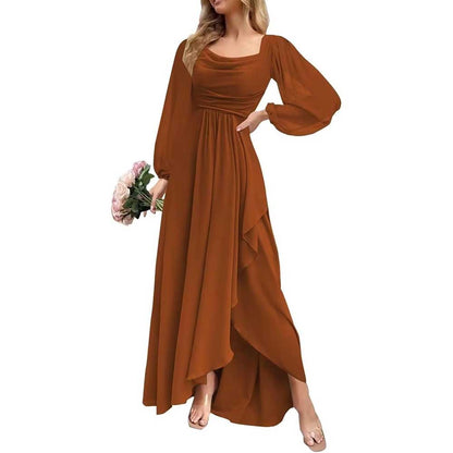 Chiffon Cowl Neck Wedding Guest Dress A Line Long Sleeve Bridesmaid Dress