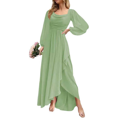 Chiffon Cowl Neck Wedding Guest Dress A Line Long Sleeve Bridesmaid Dress