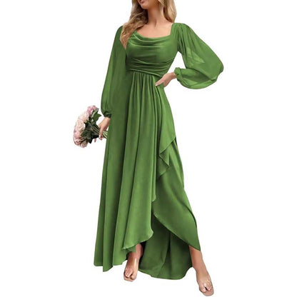 Chiffon Cowl Neck Wedding Guest Dress A Line Long Sleeve Bridesmaid Dress