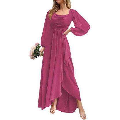 Chiffon Cowl Neck Wedding Guest Dress A Line Long Sleeve Bridesmaid Dress