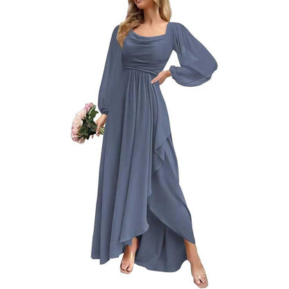 Chiffon Cowl Neck Wedding Guest Dress A Line Long Sleeve Bridesmaid Dress