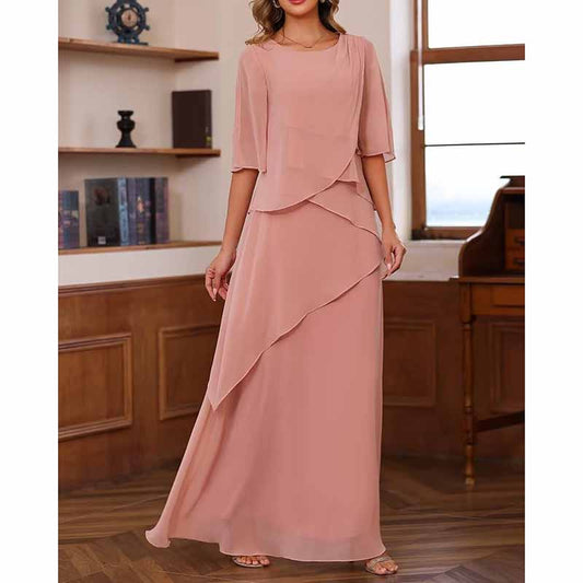 Long Sleeve Mother of The Bride Dresses Chiffon Ruffles Formal Evening Gowns With Sleeves