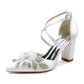 Chunky Block Heel Wedding Shoes Closed Toe Crisscross Appliques Bridal Heels