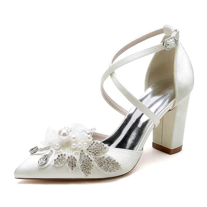 Chunky Block Heel Wedding Shoes Closed Toe Crisscross Appliques Bridal Heels