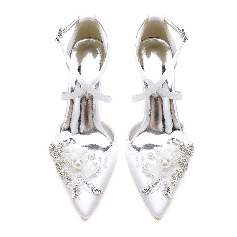 Chunky Block Heel Wedding Shoes Closed Toe Crisscross Appliques Bridal Heels