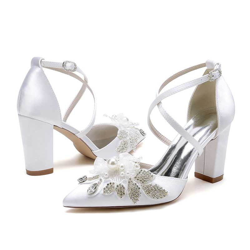 Chunky Block Heel Wedding Shoes Closed Toe Crisscross Appliques Bridal Heels