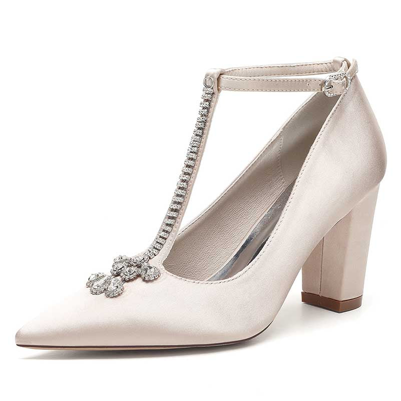 Chunky Block Heel Wedding Shoes Closed Toe Rhinestones Buckle T-Strap Bridal Heels