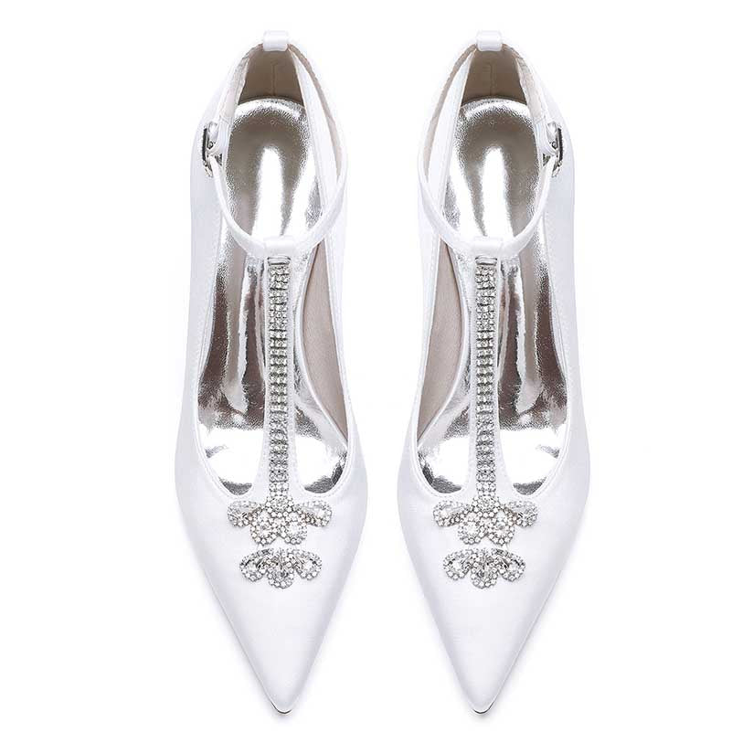 Chunky Block Heel Wedding Shoes Closed Toe Rhinestones Buckle T-Strap Bridal Heels