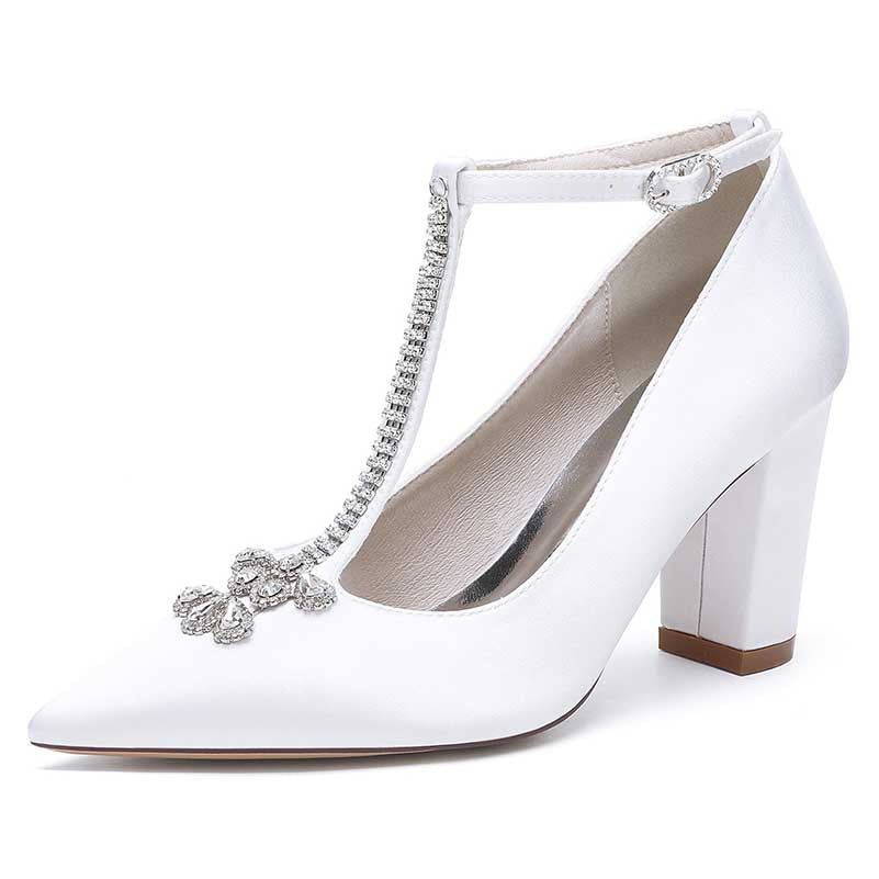 Chunky Block Heel Wedding Shoes Closed Toe Rhinestones Buckle T-Strap Bridal Heels