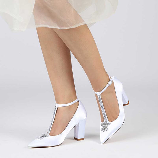 Chunky Block Heel Wedding Shoes Closed Toe Rhinestones Buckle T-Strap Bridal Heels