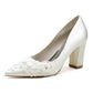 Chunky Wedding Shoes Pointed Toe Flower Appliqued Bridal Block Heels