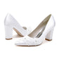 Chunky Wedding Shoes Pointed Toe Flower Appliqued Bridal Block Heels