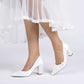 Chunky Wedding Shoes Pointed Toe Flower Appliqued Bridal Block Heels