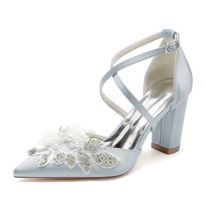 Chunky Block Heel Wedding Shoes Closed Toe Crisscross Appliques Bridal Heels